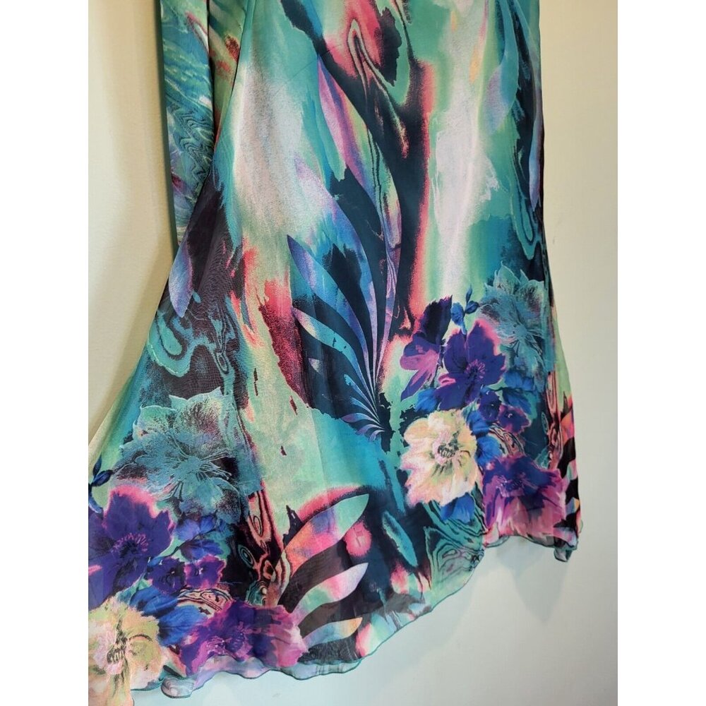Fairycore Blue Green Chiffon Abstract Floral One Flared Sleeve Flowy Dress Sz 4 - Picture 5 of 8
